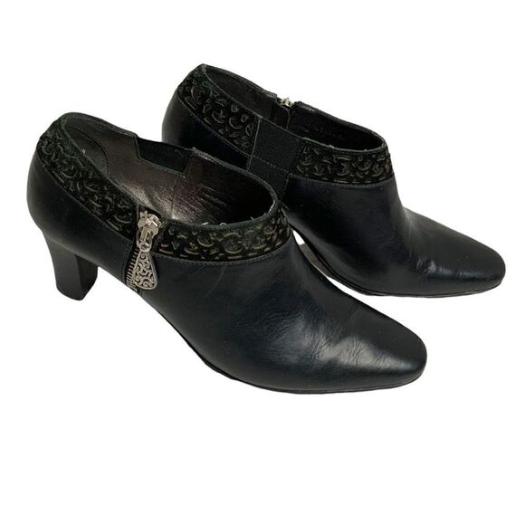 Brighton Black Genuine Leather Ankle Booties with Silver Hardware and Suede Trim - Picture 5 of 12